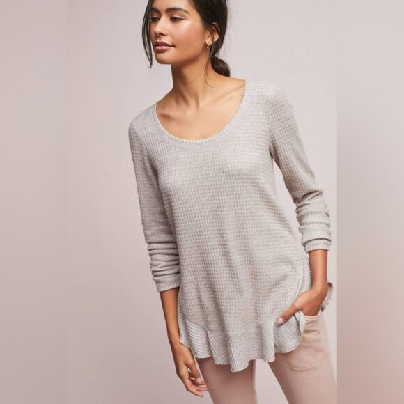 Anthropologie Saturday Sunday Wendy Waffle Knit Ruffle Wrap Back Thermal Top, M - Picture 2 of 12